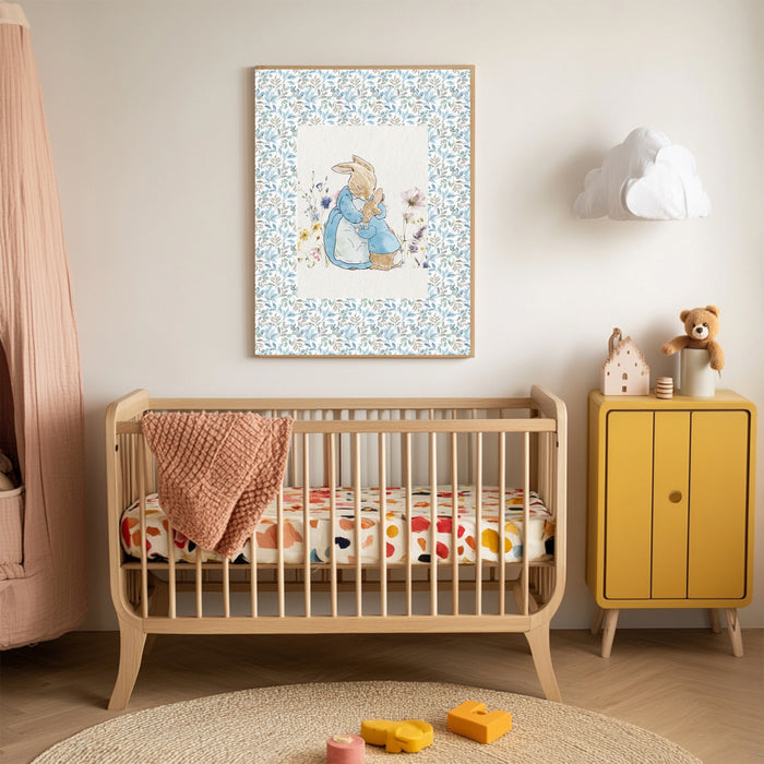 Floral Blue Cute Rabbit Nursery Art Print