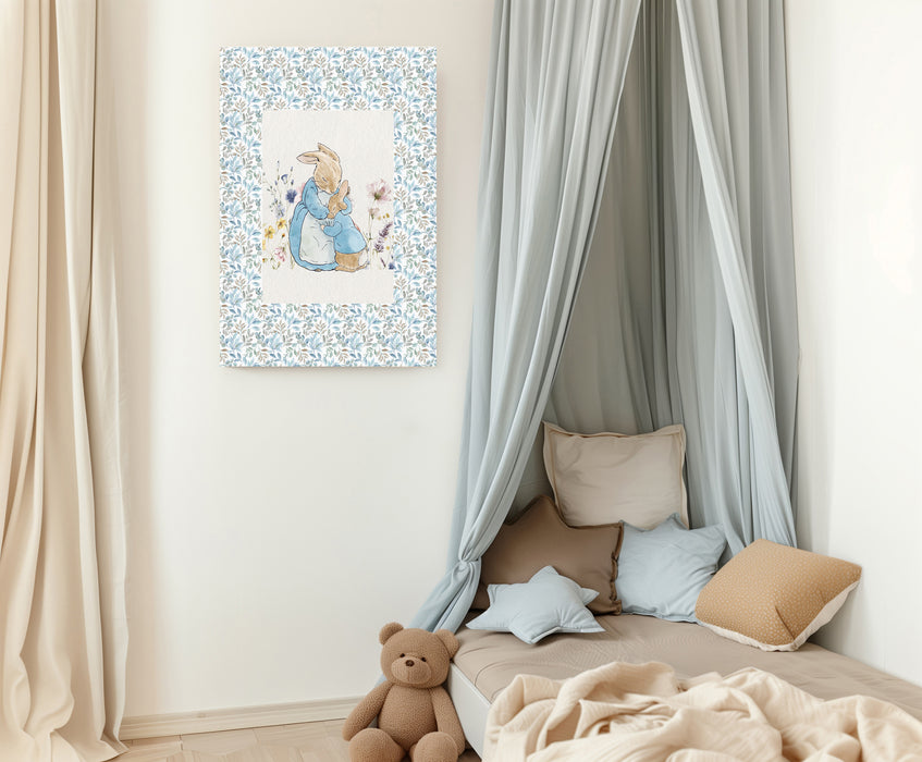 Floral Blue Cute Rabbit Nursery Art Print