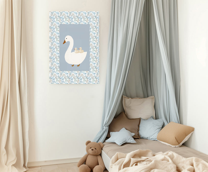 Floral Blue Cute Goose Nursery Art Print