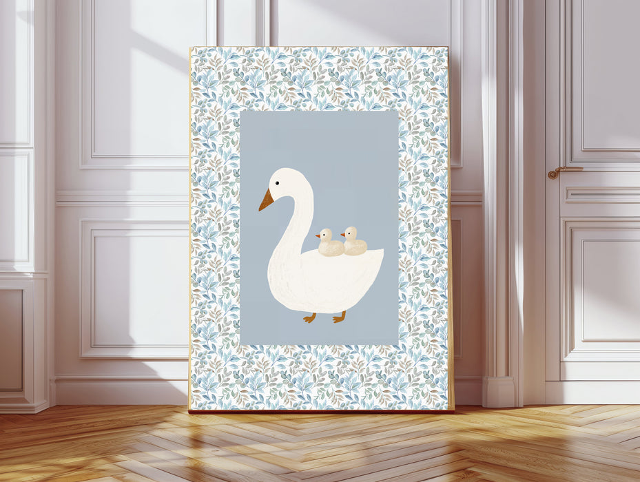 Floral Blue Cute Goose Nursery Art Print