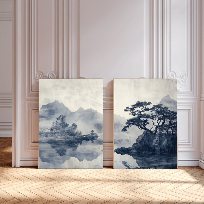 Japanese Light Blue Japandi Lake Set Of Two Art Prints