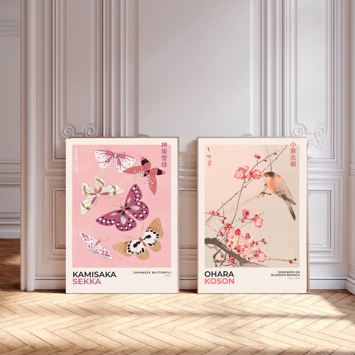 Japanese Butterfly and Bird Prints Set Of Two