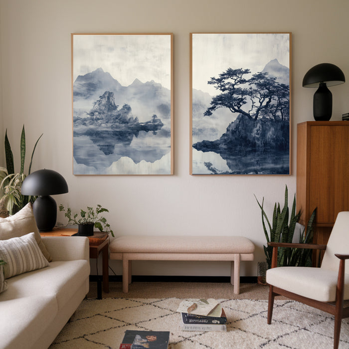Japanese Light Blue Japandi Lake Set Of Two Art Prints
