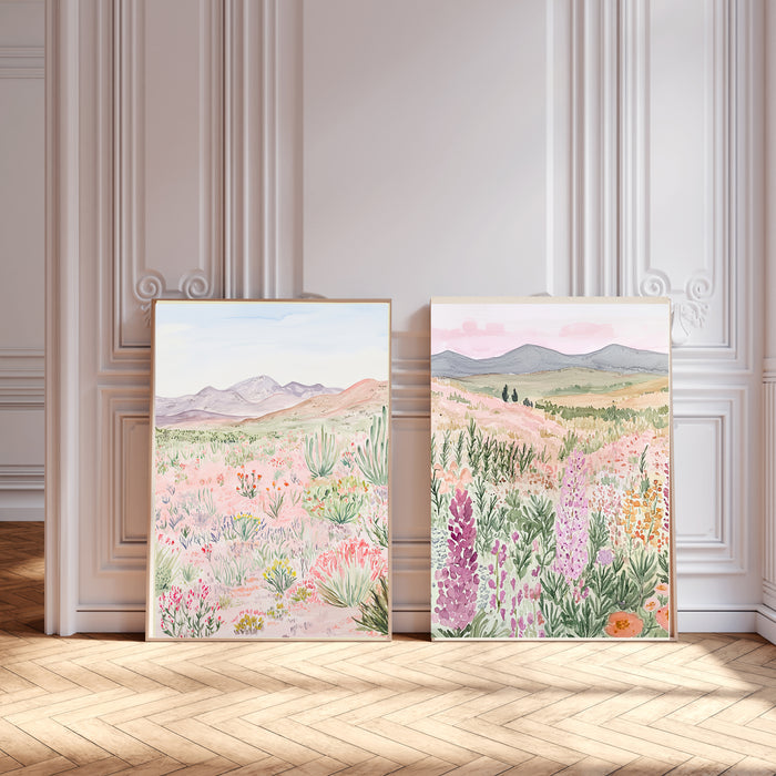 Pastel Flower Meadow Landscape Set Of Two Art Prints