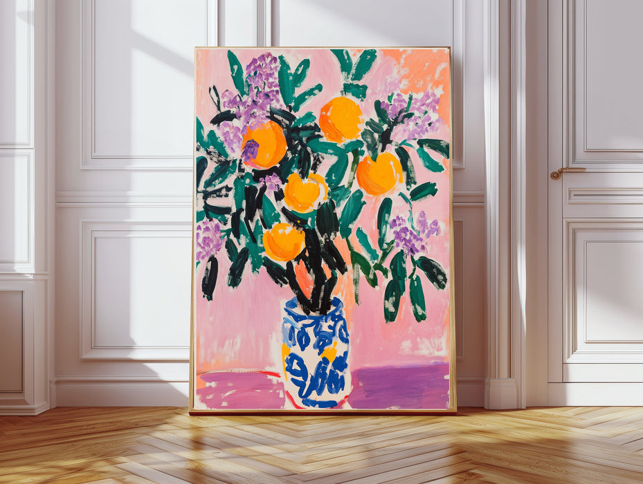 Still Life Oranges Flower Vase Art Print