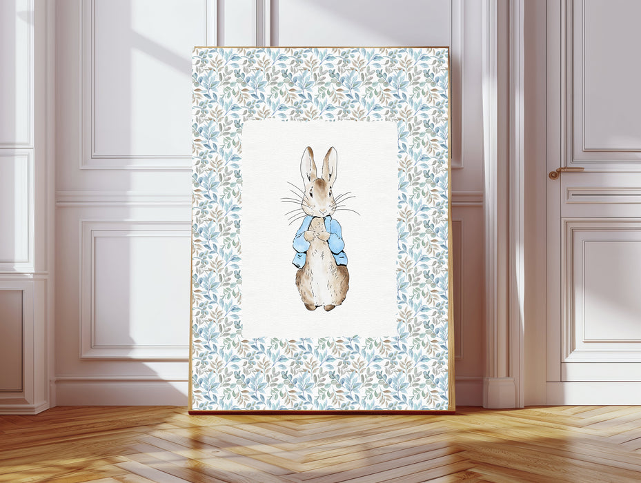 Floral Blue Cute Rabbit Nursery Art Print