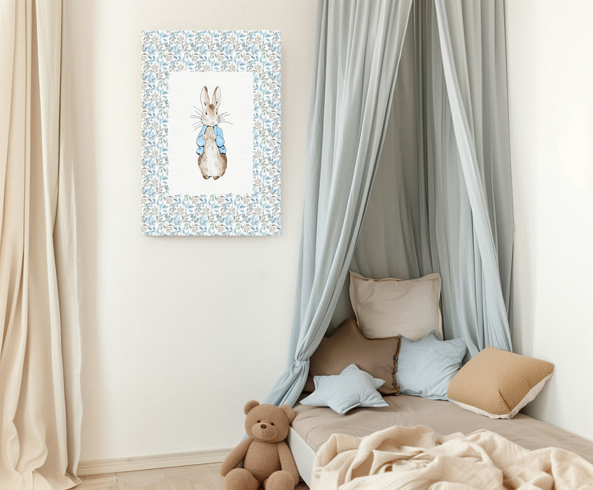 Floral Blue Cute Rabbit Nursery Art Print