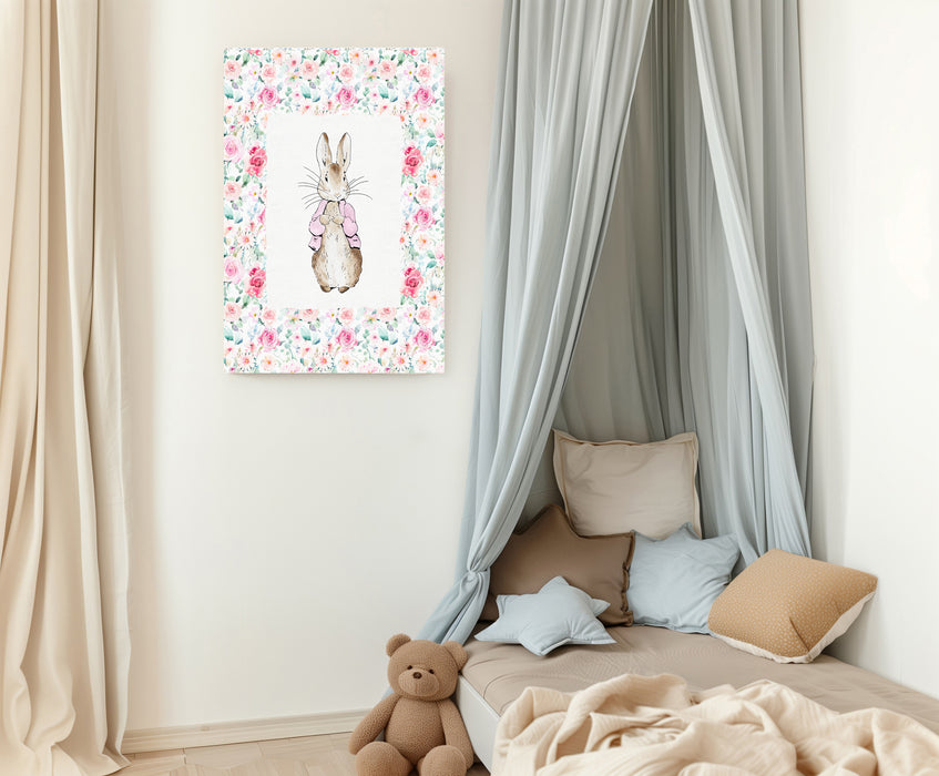Floral Pink Cute Rabbit Nursery Art Print