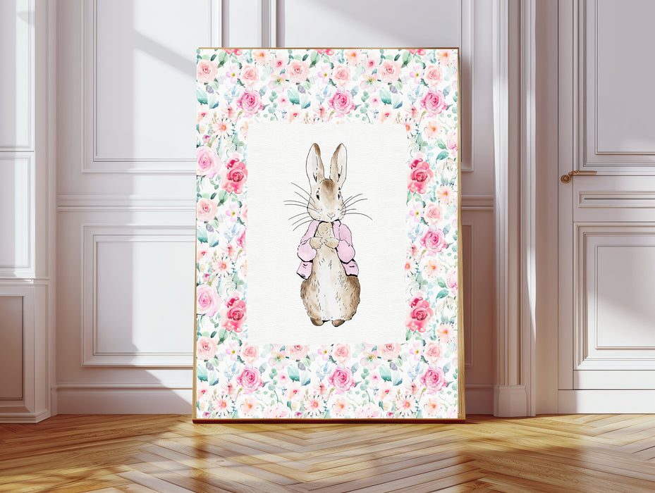 Floral Pink Cute Rabbit Nursery Art Print
