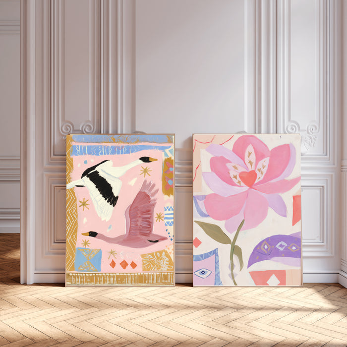 Swans and Flowers Pink Set Of Two Art Prints