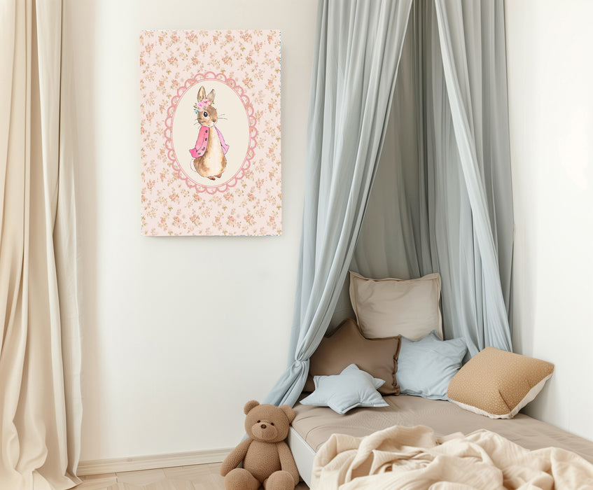 Floral Pink Cute Rabbit Nursery Art Print