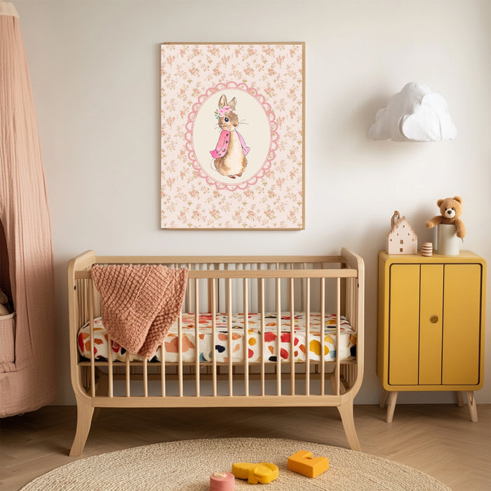 Floral Pink Cute Rabbit Nursery Art Print