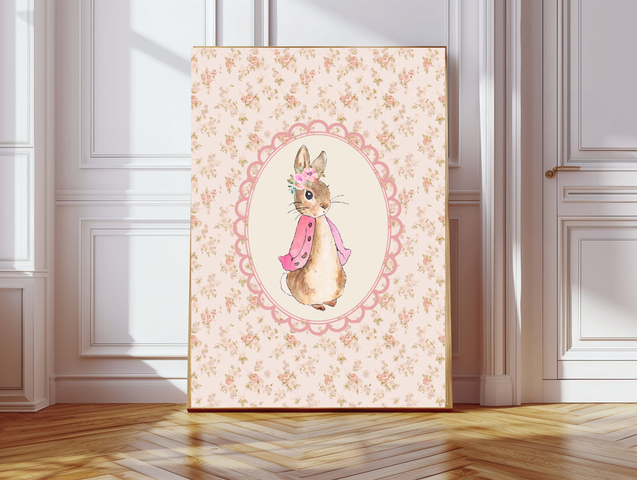 Floral Pink Cute Rabbit Nursery Art Print