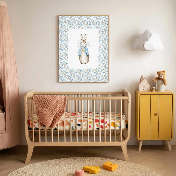 Floral Blue Cute Rabbit Nursery Art Print