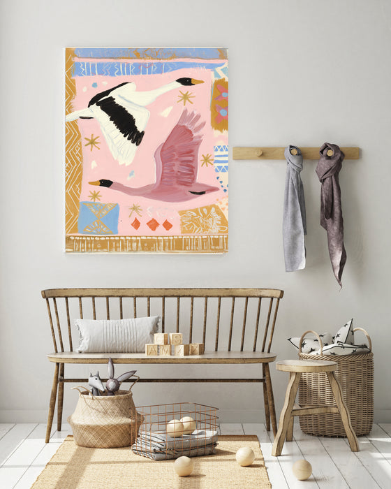 Swans and Flowers Pink Set Of Two Art Prints