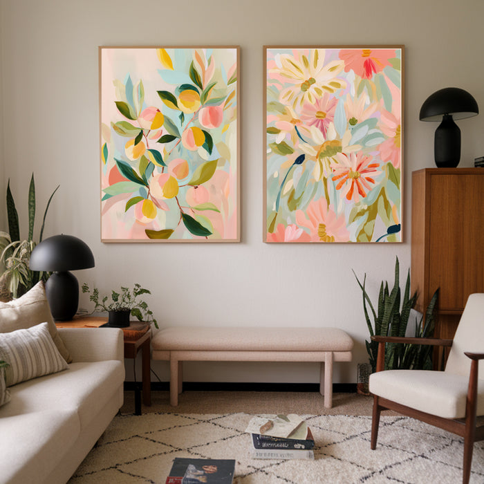 Botanical Flowers Peach Set Of Two Art Prints