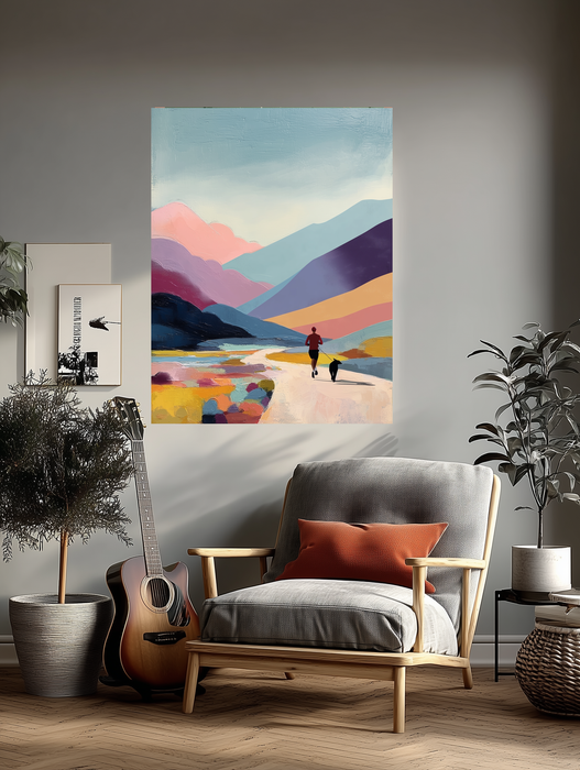 Runner with Dog Landscape Mountain Art Print