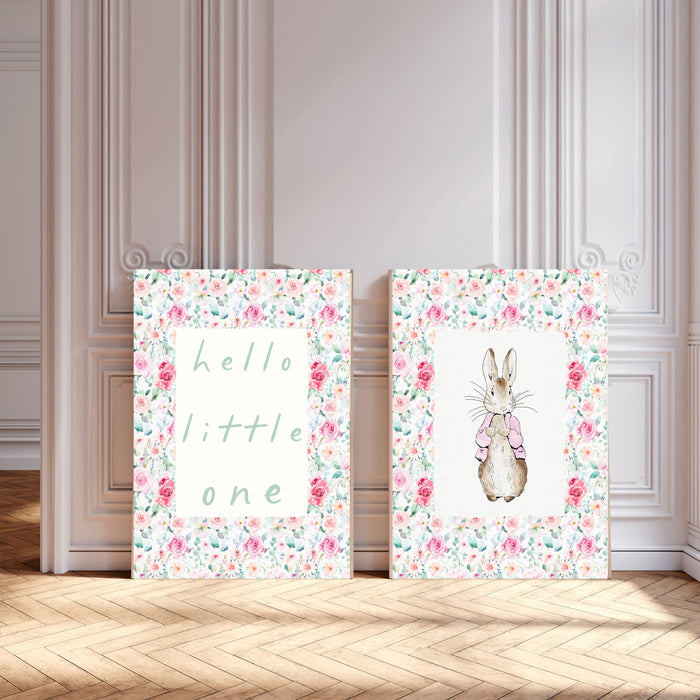Hello Little One & Pink Rabbit Set Of Two Nursery Art Prints