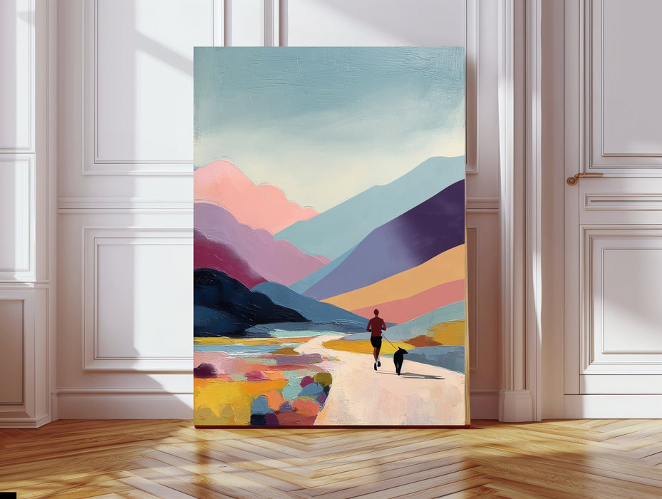 Runner with Dog Landscape Mountain Art Print