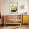 Adventure Awaits nursery art print above a wooden cot with mustard cabinet and cloud light in a baby's room