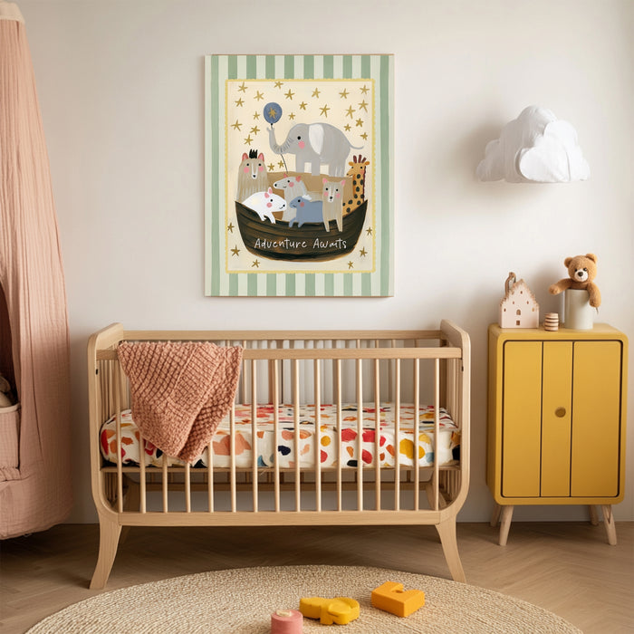 Adventure Awaits nursery art print above a wooden cot with mustard cabinet and cloud light in a baby's room