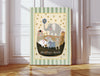 Adventure Awaits Noah's Ark nursery art print with elephant, giraffe and animals in a boat under gold stars, sage striped border