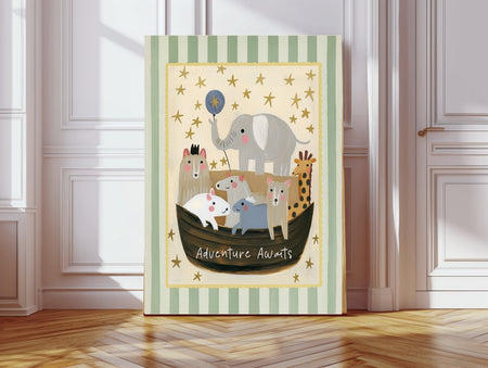 Adventure Awaits Noah's Ark nursery art print with elephant, giraffe and animals in a boat under gold stars, sage striped border