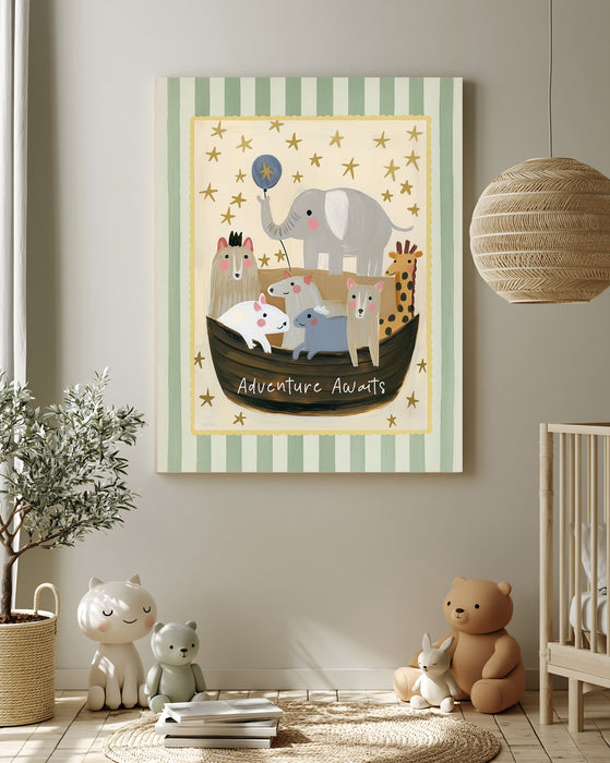 Animal ark nursery print on a neutral nursery wall with olive tree, rattan pendant light and soft toys