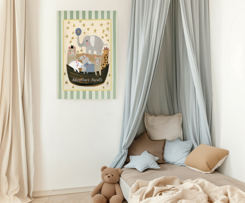 Noah's Ark animal nursery print on a child's bedroom wall beside a canopy reading nook with cushions and teddy bear