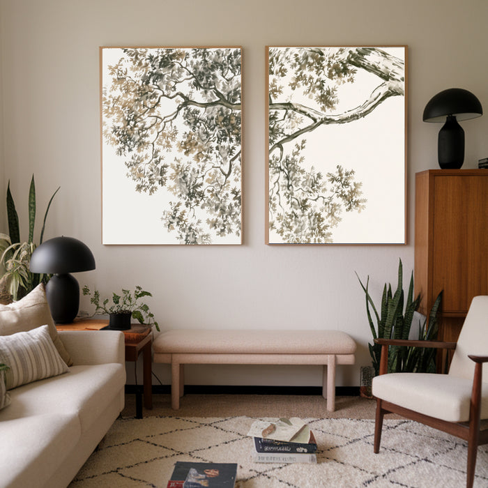 Tree Branch Set of Two Art Prints | Sage Green Neutral Botanical Gallery Wall Set | Minimal Japandi Wall Art
