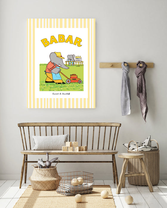 Babar the Elephant in Gardening Stripy Vintage Nursery Art Print