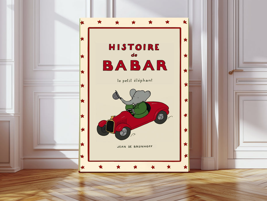 Histoire de Babar Vintage Book Cover Print | Babar in His Red Motorcar | Classic 1930s French Nursery Art