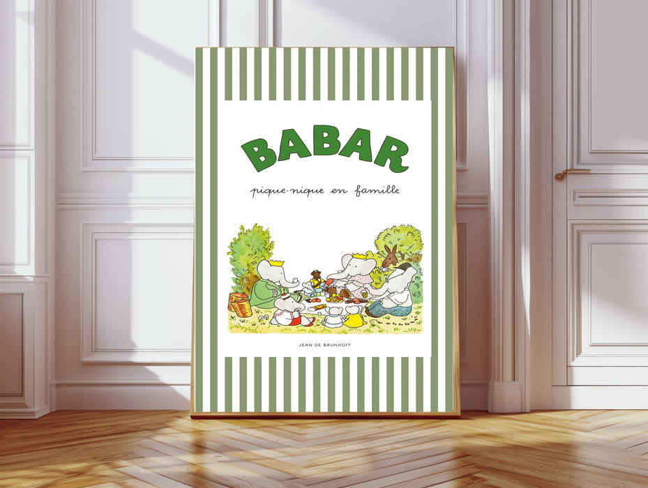Babar the Elephant Stripy Cream Vintage Nursery Art Print