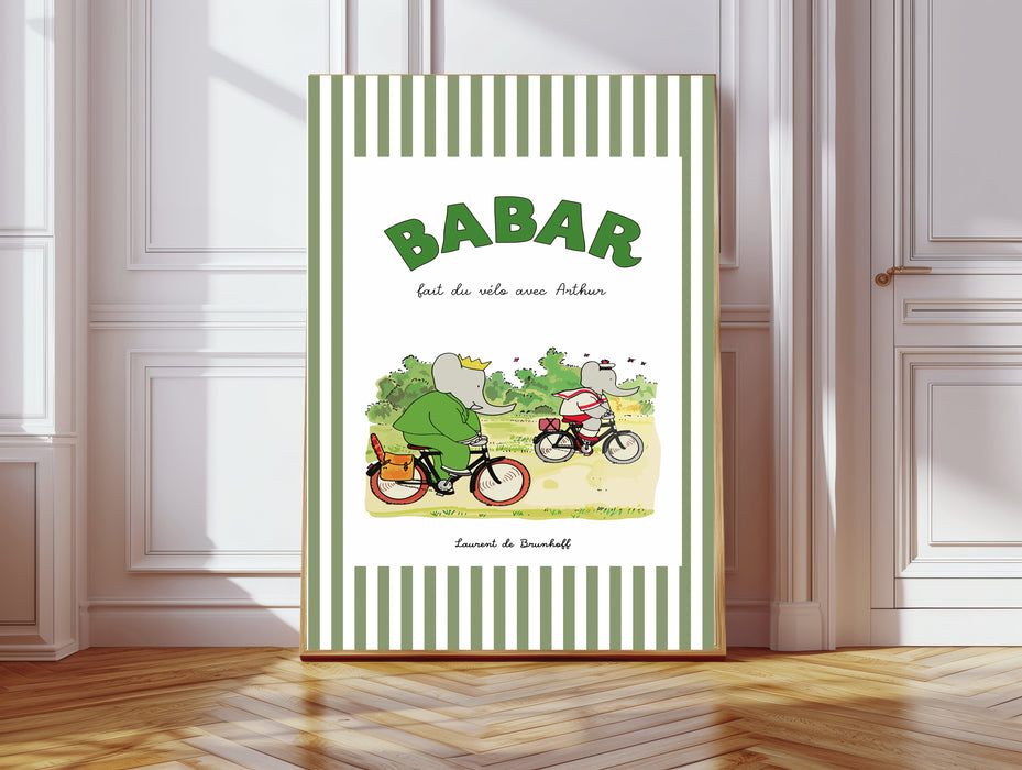 Babar the Elephant Stripy Biking Vintage Nursery Art Print