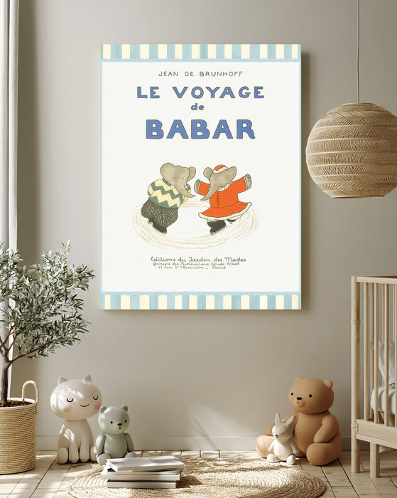 Le Voyage de Babar Vintage Book Cover Print | Ice Skating Elephant Nursery Wall Art