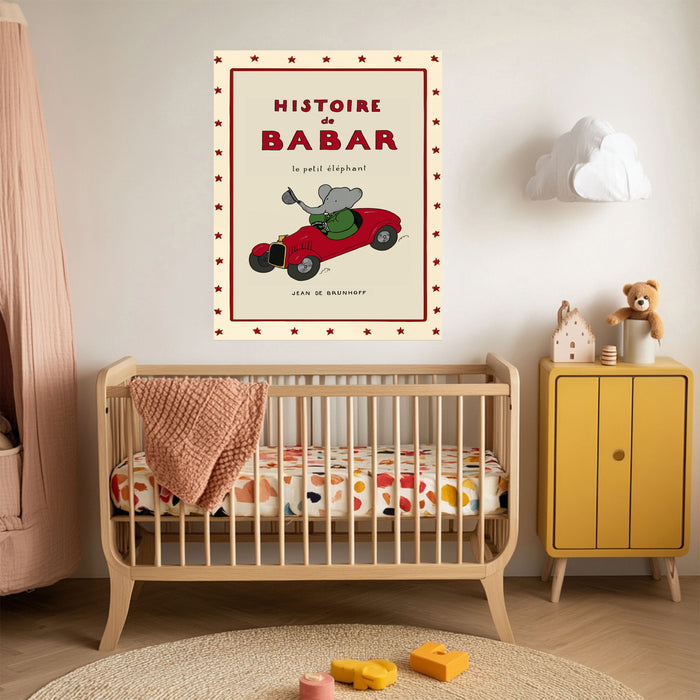 Histoire de Babar Vintage Book Cover Print | Babar in His Red Motorcar | Classic 1930s French Nursery Art