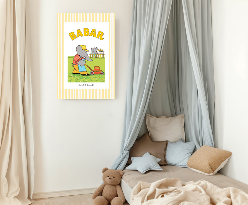 Babar the Elephant in Gardening Stripy Vintage Nursery Art Print
