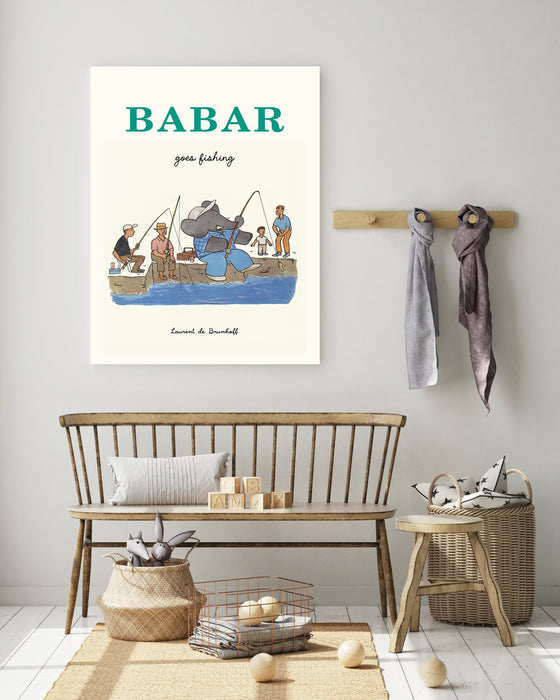 Babar the Elephant Fishing Vintage Nursery Art Print