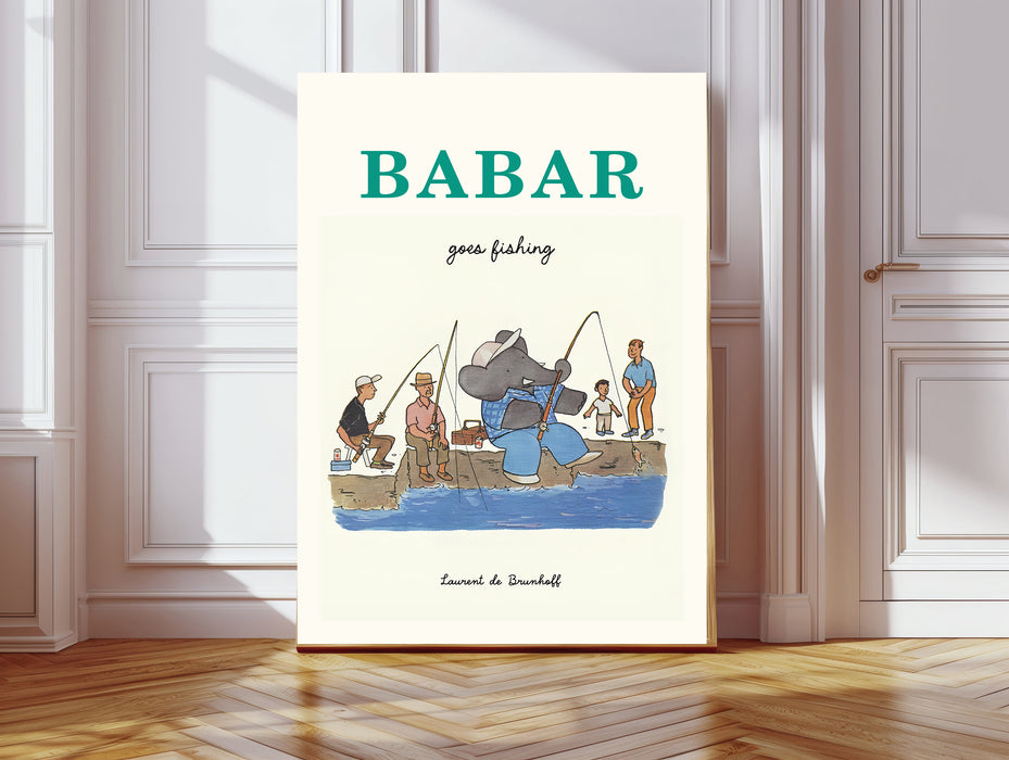 Babar the Elephant Fishing Vintage Nursery Art Print