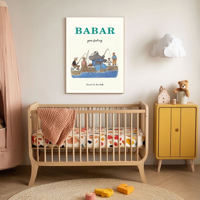 Babar the Elephant Fishing Vintage Nursery Art Print