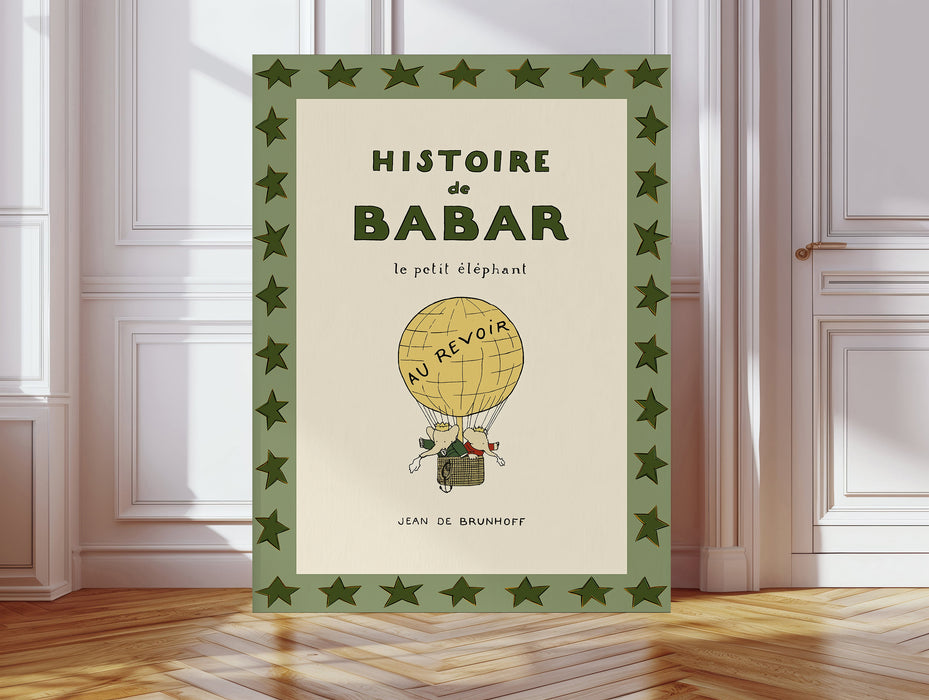 Histoire de Babar Vintage Book Cover Print | Classic 1930s French Storybook Art | Star Border Nursery Print