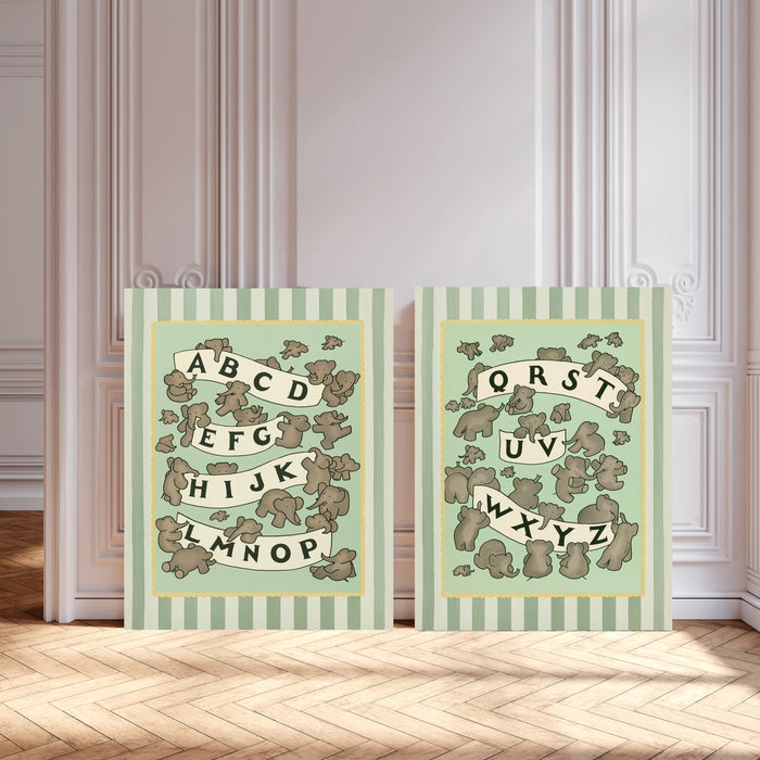 Vintage Babar alphabet A to Z print set in sage green and cream