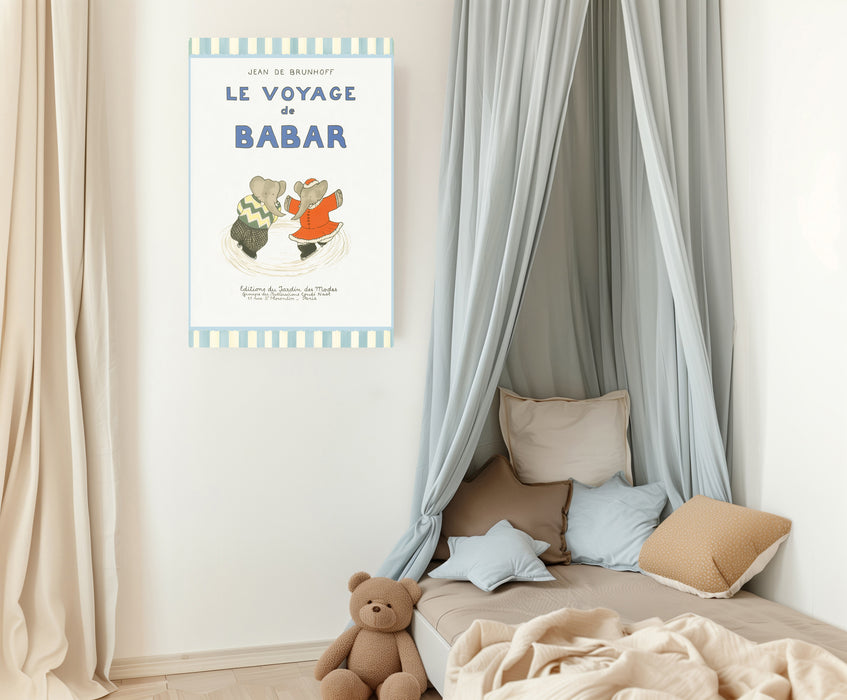 Le Voyage de Babar Vintage Book Cover Print | Ice Skating Elephant Nursery Wall Art