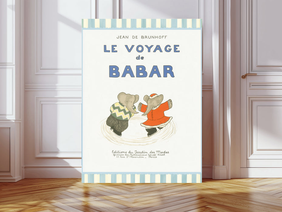 Le Voyage de Babar Vintage Book Cover Print | Ice Skating Elephant Nursery Wall Art