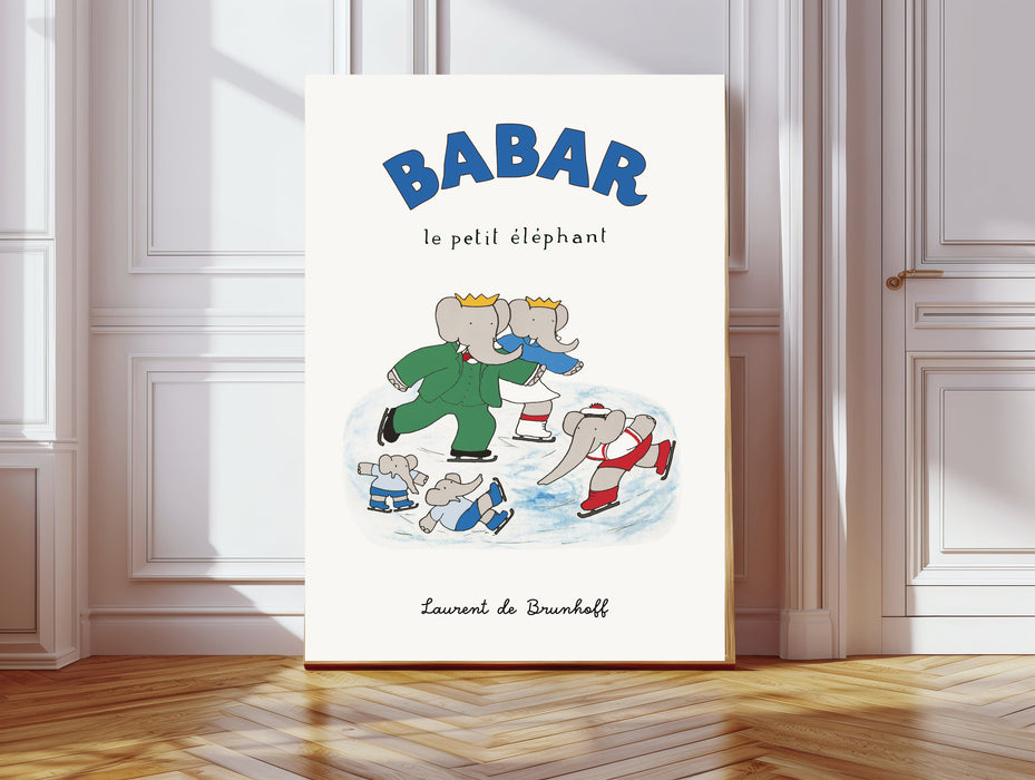 Babar the Elephant Ice Skating Vintage Nursery Art Print
