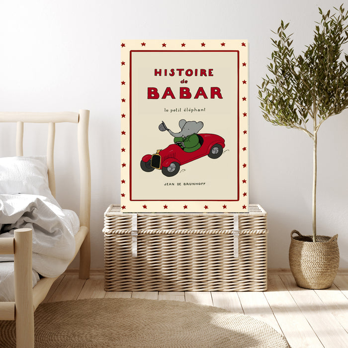 Histoire de Babar Vintage Book Cover Print | Babar in His Red Motorcar | Classic 1930s French Nursery Art