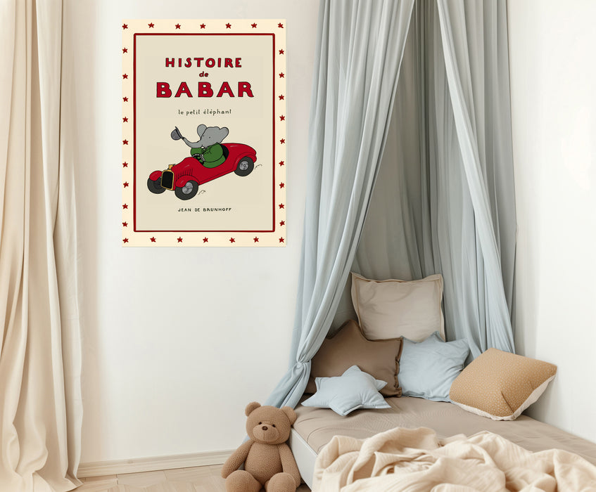 Histoire de Babar Vintage Book Cover Print | Babar in His Red Motorcar | Classic 1930s French Nursery Art