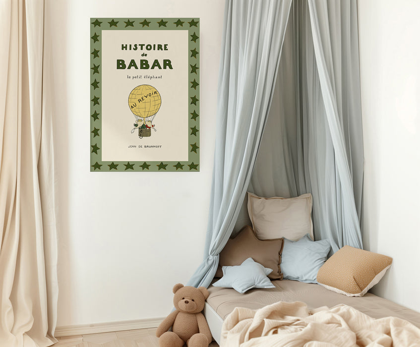Histoire de Babar Vintage Book Cover Print | Classic 1930s French Storybook Art | Star Border Nursery Print
