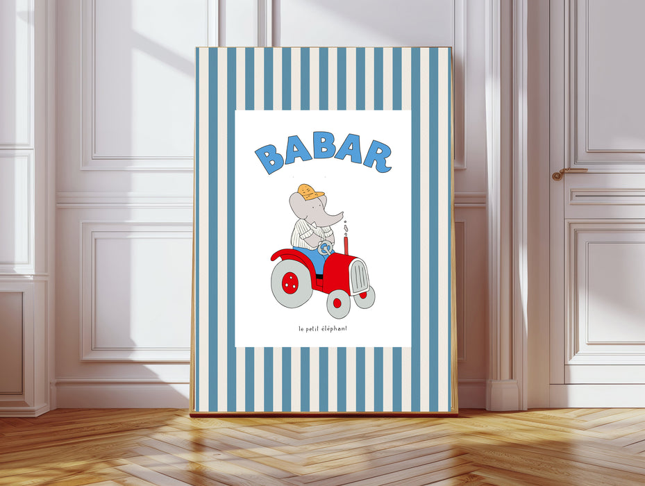 Babar the Elephant Tractor Vintage Nursery Art Print