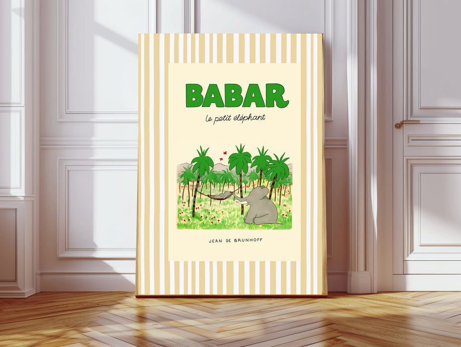 Babar the Elephant Stripy Cream Vintage Nursery Art Print